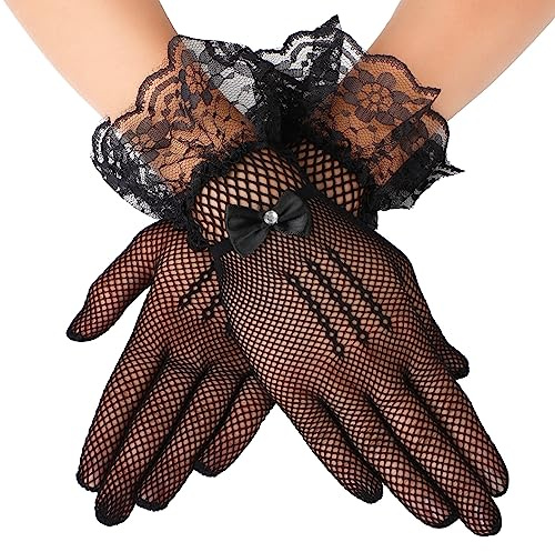 Giantree Gants de dentelle pour femmes, élégants gants courts en dentelle pour mariage, dîner, thé, cosplay, opéra, soirée, accessoires de costume (Noir)