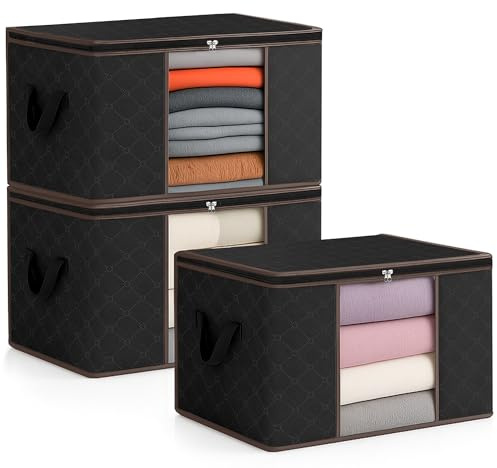 unycos - 3 Pezzi | Scatole per Vestiti 90L, Tessuto con Finestra Trasparente 60x43x35cm, Scatole/Borsa Pieghevoli, Organizzatore Sotto il Letto per Piumini, Asciugamani, Cuscini (Nero/Marrone)