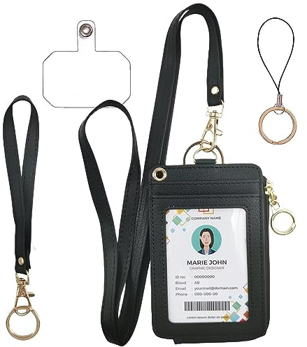 Schwarze Schlüsselbänder für Ausweise, PU-Leder Ausweiskarten-Halter Brieftasche mit 1 durchsichtigem Ausweisfenster, 4 Kreditkartenfächer, 1 seitliche Reißverschlusstasche, abnehmbare Handschlaufe