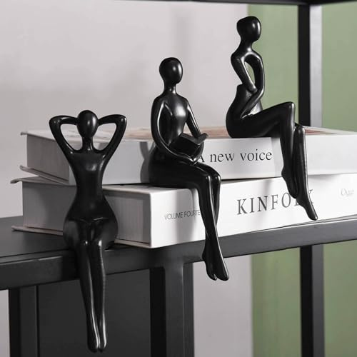 Quoowiit Svart tänkare staty bokhylla dekor, minimalistisk modern heminredning samlarfigurer kontor skrivbord unika soffbord dekorationer för vardagsrum 3 delar