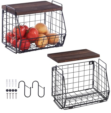Wall Storage Hanging Baskets 2 PACK - Wooden Top Wire Basket Organizers & S Hooks - Assemble Floating Shelf Racks for Pantry Kitchen Office Bathroom Garage Organization (Large)