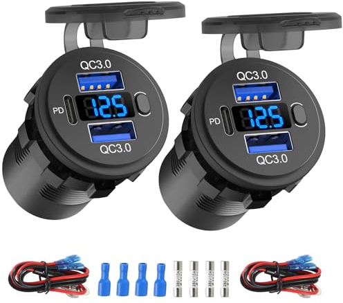 12 Volt USB-Steckdose Dual Quick Charge 3.0 Port und PD3.0 USB C Auto-Ladebuchse, wasserdichte 12V Steckdose Zigarettenanzünder Ersatz DIY Kit mit Voltmeter und Schalter für Auto Boot Wohnmobil, LKW