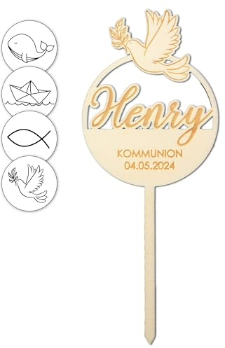 Cake Topper Kommunion aus Holz, Tortendeko Konfirmation mit Namen, personalisierter Deko Kommunion Junge Mädchen, Tortenstecker, Kuchendeko Rund, Feenstaub