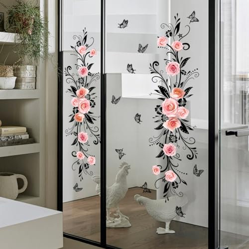 Runtoo Flower Vine Window Cling Decals Rose Floral Anti-Collision Window Stickers Butterfly Glass Door Wall Decor for Bathroom Living Room Bedroom Nursery Office