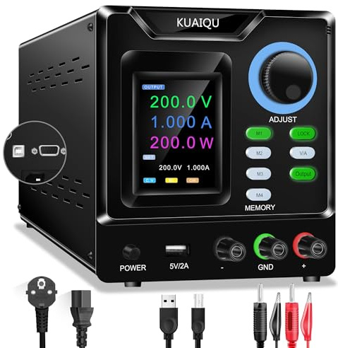 KUAIQU Fuente de Alimentación Regulable Programable 200V 1A, Fuente Alimentación Laboratorio con Software PC, Perilla Codificadora, Almacenamiento de Memoria, Interruptor de Salida y Botón de Bloqueo