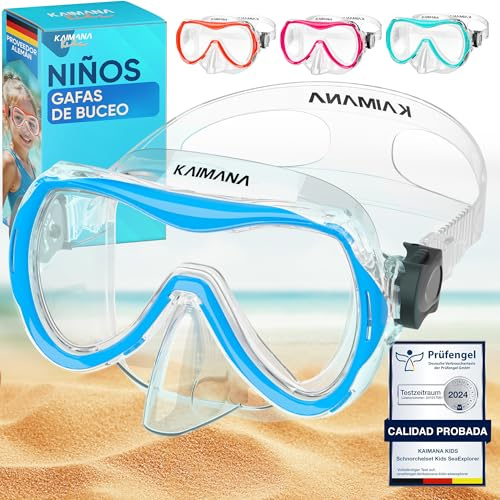 KAIMANA® SeaExplorer Máscara Buceo Niño y Niña – Gafas Buceo Infantiles con Cinta de Tela y Silicona + Bolsa. Máscara de Buceo Niño Anti-Fugas. Alternativa a Máscara Snorkel (3-10 Años)