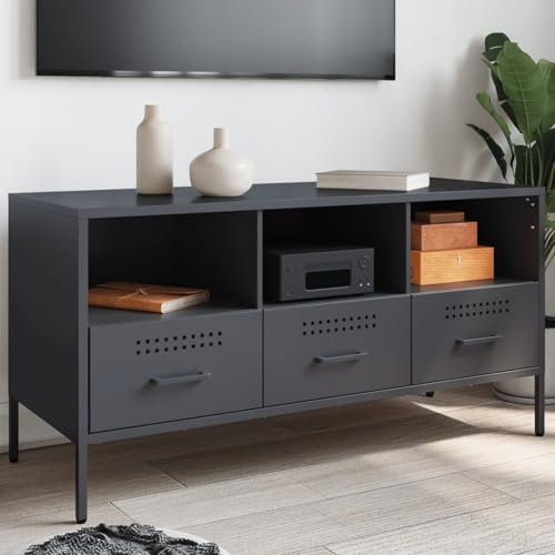 Homgoday Meuble TV anthracite 100,5 x 39 x 50,5 cm en acier laminé à froid, meuble TV salon, meuble TV salon, meuble bas pour TV de salon industriel