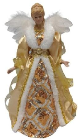 Angelo Decorativo in Tessuto Bianco e oro puntale per albero di natale h 29 vestito Elegante Pelliccia e Ricami Argentati