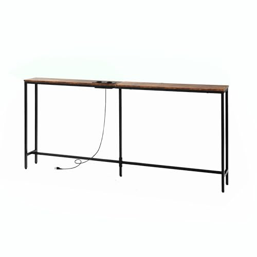 FurnitureR Konsolentisch mit 2 Ladestationen, Industrieller Eingangstisch mit 2 USB-Anschlüssen, 180cm schmaler Sofatisch, Sofabeistelltisch für Eingang, Flur, Foyer, Wohnzimmer, Vintage Braun