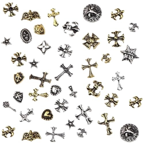 50 Stück 3D-Nagel-Charms, Kreuz Charms Nägel, Metall-Kreuz-Nagel-Charm, 3D-Nagel-Charms, Vintage-Silber, Punk, Chrom-Herz-Nagel-Charms, Nail-Art-Dekorationen