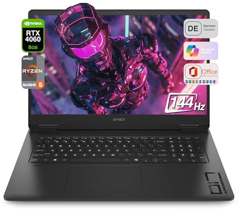 HP Omen 17 Gaming Laptop AMD Ryzen 5 8645HS, 64 GB DDR5 RAM, 1 TB PCIe SSD, 17.3 WUXGA IPS 144 Hz display, Nvidia GeForce RTX 4060, tastiera QWERTZ RGB, Windows 11 Pro, Office 2021, nero