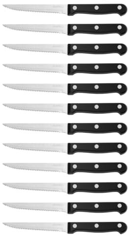 AURMOO Coltelli da Bistecca Set, 12 Pezzi Set di Coltelli da Carne, Sets Coltello Bistecca, Coltelli da Cucina in Acciaio Inossidabile, Coltellos da Tavola Seghettato.