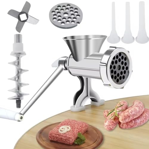 Manual Meat Grinder with Sausage Stuffer, Stainless Steel Hand Crank Mincer with 3 Spoons, Grinding Plate, Cutting Blade