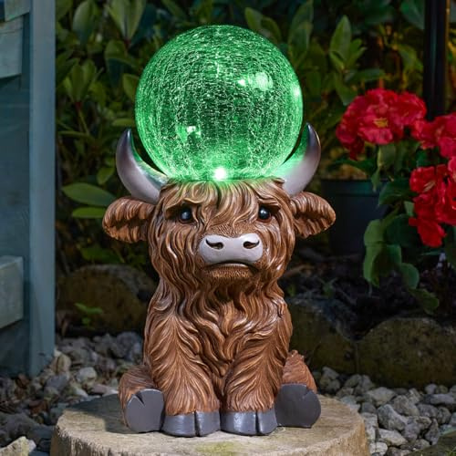 Festive Lights - 36cm Solar Highland Cow Garden Ornament with Crackle Glass Ball - Multicoloured & White LED, Weather-Resistant - IP44 Outdoor Decorative Light for Patio, Lawn & Flowerbeds