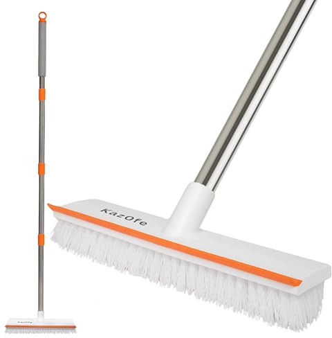 KazOfe 2-in-1 Floor Scrubbing Brush with Squeegee/Handle, Bathroom Floor Cleaning Scrubber, Long Handled Scrubbing Brush Hard Bristle for Deep Cleaning Kitchen, Deck, Tile, Patio (White)