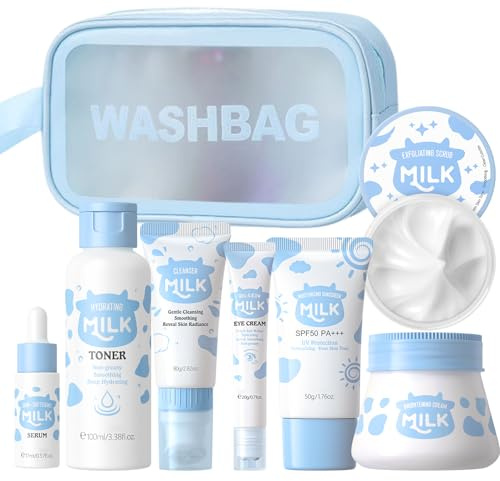 Milk Skin Care Sets&Kits, Milk Skincare Set, Beauty Gift Sets for Teenage Girls, Skincare Set with serum, toner, cleanser, eye cream, sunscreen, brightenng cream, exfoliating scrub, washbag (8pcs)