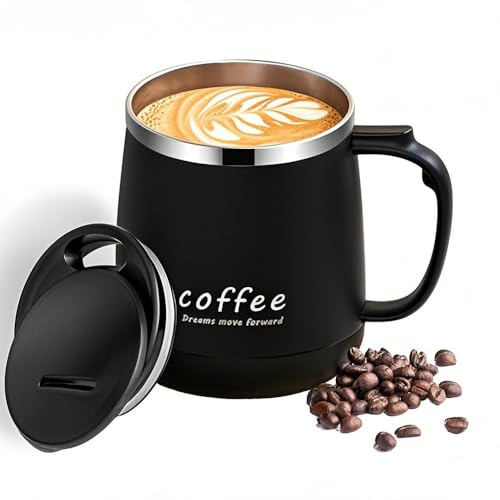VPRO Kaffeebecher 350ml - Doppelwandiger Vakuum-Isolierbecher aus Edelstahl, Schwarz, mit Schiebedeckel und Griff (Black)