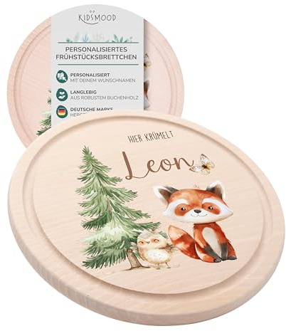 KIDSMOOD - Individuelles Frühstücksbrettchen Kinder Holz, Hier Krümelt Brettchen personalisiert mit Wunschnamen und Tier-Motiv, Als Taufgeschenk und Babygeschenk