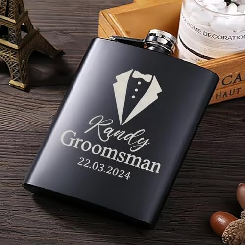 Petaca De Boda Personalizada, Petaca De Whisky De Acero Inoxidable De 170 Ml Con Grabado Personalizado, Nombre Y Fecha, Set De Regalo For Propuesta De Padrino