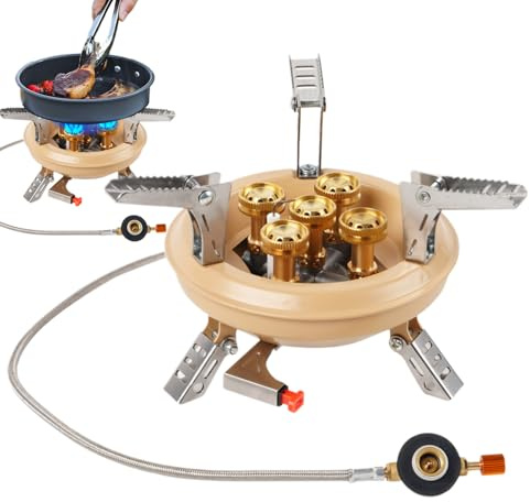 Réchaud de Camping Portable - 16000W Réchaud Pliant de Randonnée - 5 Brûleurs Équipement de Cuisine de Camping pour le Plein Air, la Pêche, la Chasse, le Trekking, le Pique-nique et la Survie