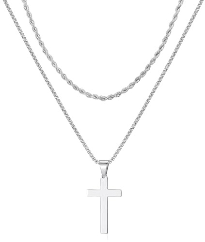 RANKEEF Edelstahl Kreuz Kette Herren Hypoallergen 3mm Halskette Silber Seilkette Edelstahl Kreuz Silberkette Anlaufgeschützt Kreuzkette Silber Herren