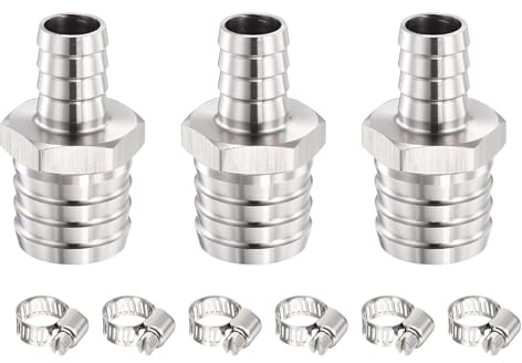 METALLIXITY 3pcs SUS304 Hex Bar Hose Barb to Adapter 1(25.5mm) x1/2(15mm) | 304 Stainless Steel Hose Barbed Fittng with 6Pcs Hose Clamps for Automotive, Motorcycle, Marine, Truck, RV Fuel Systems