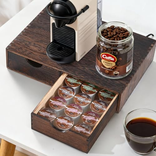 QYJinlida Wooden K Cup Organizer Coffee Pod Storage Box, Coffee Pod and Tea Bag Holder,Kcup Drawer Coffee Maker Stand,Home Kitchen Counter Holds Up to 30 Pods Capacity (2 Drawer) (Carbonized Black)