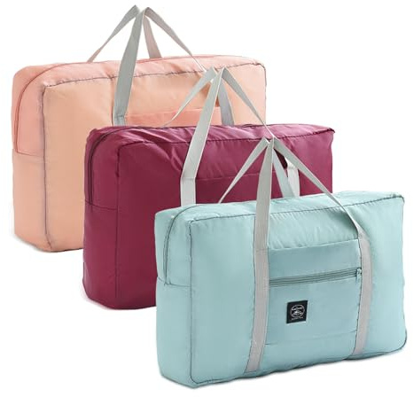 Foldable Travel Duffel Bag, 3 PCS Portable Luggage Foldable Storage Bag, Waterproof Lightweight Holdall Bag Carry on Hand for Sports Gym Vacation (Light Blue Light Pink Burgundy/48 x 32 x 16 cm)