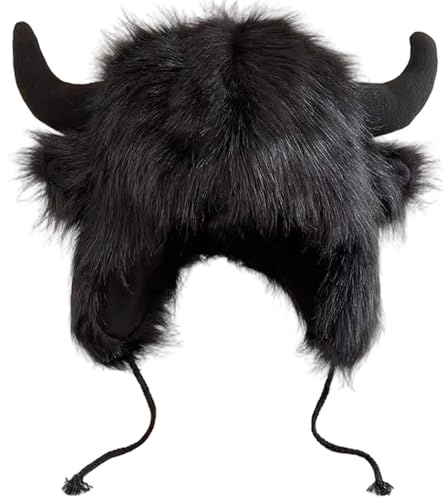 CAKEEYUM Büffelhut mit Hörnern, pelziger Bisonhut, Winter, lustiges Büffelkostüm für Halloween, Weihnachten, Karneval, Cosplay, Schwarz, Wasser, Pelz, Flauschig, Flauschig, Tierhüte für Erwachsene