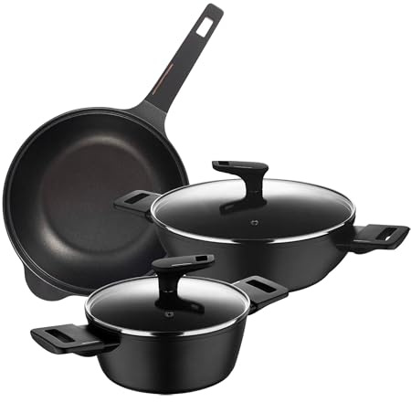 Juego de 2 Cacerolas Bajas Ø20cm (2,2L) + Ø28cm (4,2L) con tapas en Aluminio forjado + Wok de Ø30cm en aluminio fundido Copper Bergner