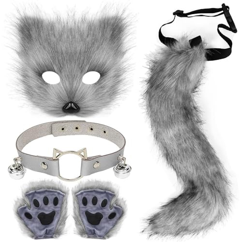 ZDQC Katze Fuchs Cosplay, Pelzige Katze Fuchs Maske,Furry Schwanz,Maske und Handschuhe,Furry Schwanz,Halloween Party Cosplay Kostüm Accessoire (Grau)
