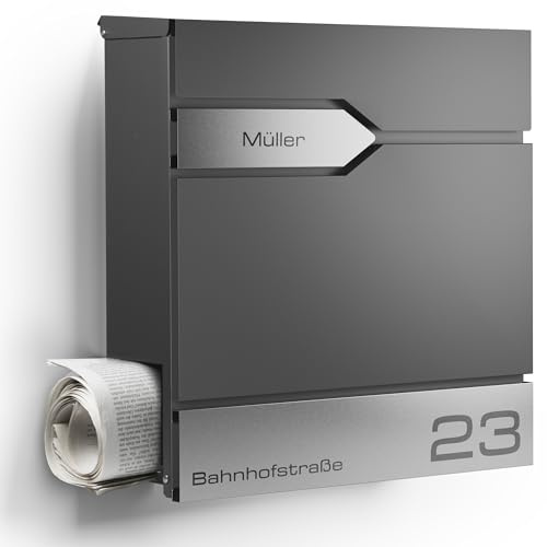 Moderner Briefkasten Personalisierbar Sydney Anthrazit RAL7016 - mit Zeitungsfach - Wandbriefkasten mit Edelstahl Namensschild und Hausnummer Gravur I Rostfrei und UV-beständig (Mit Gravur)