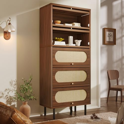Kebnor Sideboard Nussbaum mit Rattan, Hochschrank 5 Klappen, Kommode Holz Metallbeine, großer Stauraum, Wohnzimmer Flur Küche Schrank (80x40x163 cm)