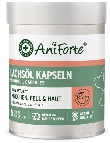 AniForte Lachsöl Kapseln für Hunde & Katzen 200 Stück – wertvolles Omega-3 Fischöl, Stoffwechsel & Knochenaufbau unterstützend, Barf Ergänzung, glänzendes Fell, Vitamine, Salmon Oil Dogs