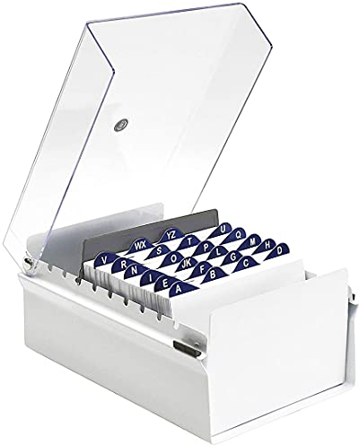 Acrimet 4 x 6 Karteikartenhalter Organizer mit Metallbasis, Robust (Inklusive AZ-Indexkarten und einem Kunststoff-Trenner) (Weiß mit klarer Kunststoffdeckelabdeckung)