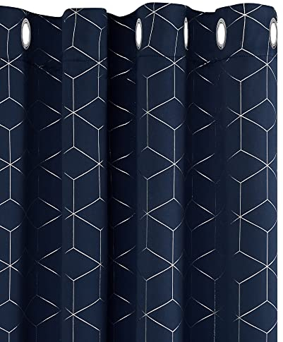 Deconovo Eyelet Blackout Curtains, Diamond Foil Printed Thermal Insulated Curtains for Bedroom, 46 x 90 Inch(Width x Length), Navy Blue, One Pair