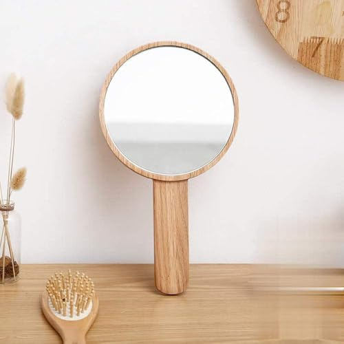 HoneybeeLY Hd Griff Make-up Spiegel Massivholz Tragbarer Rasierspiegel Handspiegel Schönheit Holz