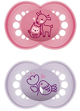 MAM Original Schnuller im 2er-Set, zahnfreundlicher Baby Schnuller aus nachhaltigen & bio-erneuerbaren Materialien, Sauger aus MAM SkinSoft Silikon, mit Schnullerbox, 16+ Monate, Reh/Vogel