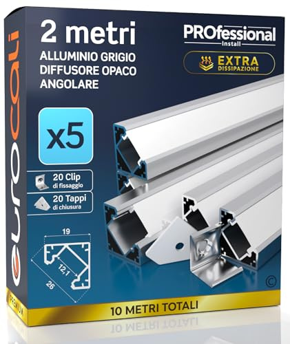 Eurocali 5x Profili Angolari da 2 metri (10mt) in Alluminio grigio per Strisce LED Schermatura Opaca ingombro max striscia led 12.1mm - 19 x 19