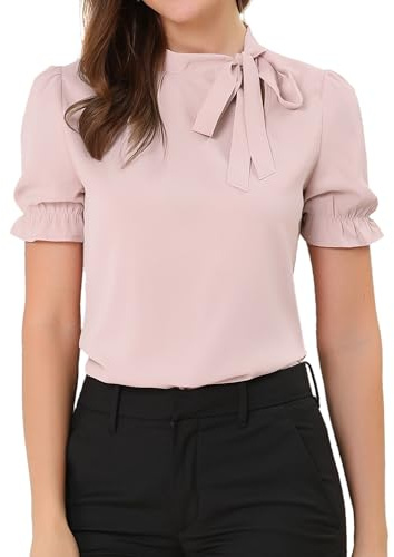 Allegra K Top Elegante para Mujer Blusa De La Manga Corta De La Oficina De Las Camisas del Cuello De La Pajarita Rosa M