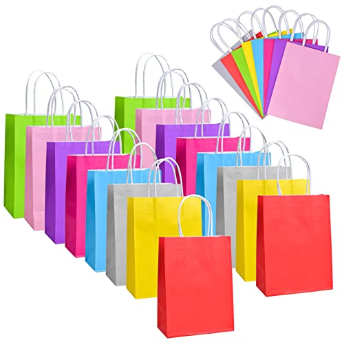 filterlead16 Stück Papiertüten aus Kraftpapier Geschenktüten mit Henkel, Papiertüten mit Griffen, Mitgebsel Tüten für Weihnachten Partys, Hochzeiten, Feiern und Süßigkeiten, 8 Farben 16 x 22 x 8 cm