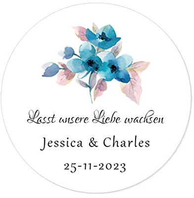 50 STICKERS Blumen PERSONALISIERT 'Lasst unsere Liebe wachsen' Hochzeit Aufkleber, 40mm Runde Selbstklebend Etiketten für Hochzeit,Taufe,Konfirmation,Gastgeschenk,Tüten - Rd 281 (009)