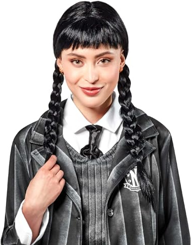 Rubies Wednesday Perücke für Damen, mit Zöpfen und Pony, offizielle Mittwoch Addams, , Karneval, Cosplay