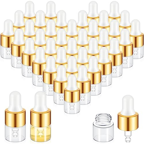 Didaey 1/2/3/5/10/15 ml Mini Glass Oil Dropper Bottle Bulk, Clear Essential Small Empty Bottles Sample Containers Perfume Liquid Vials with Cap for Traveling, Champagne Gold, 1 ml
