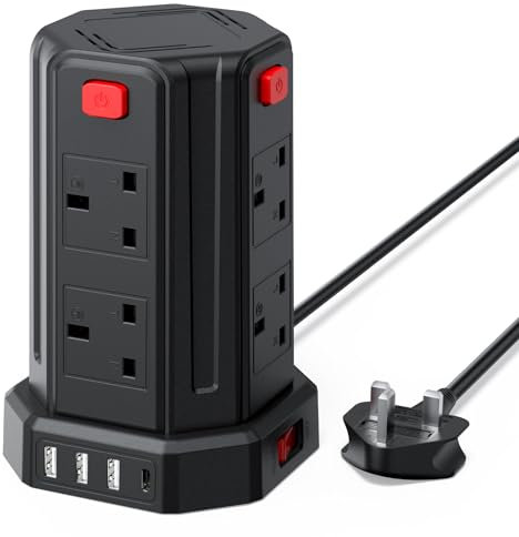 Tower Extension Lead 2M, (13A 3250W) 4 USB Ports and 8 Way Extension Tower, Surge Protection Extension Lead with 4 Independent Control Switch, Extension Cable for Home, Office, Kitchen