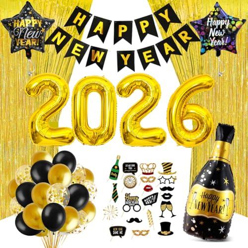 Silvester Deko 2026 Gold, 53 Stück Silvester Party Dekoration Set, Happy New Year Banner Konfetti Luftballon, Stern Champagnerflasche Folienballon Neujahrsdeko Accessoire für Silvesterparty