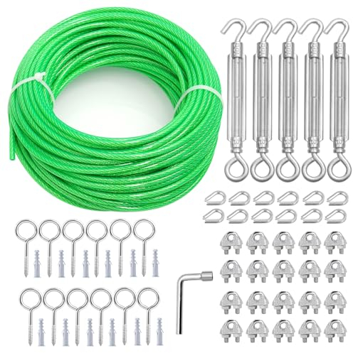 hannger Drahtseil 5mm & M6 Spannschlösser Kit, 30m Stahlseil mit Ösen Spanndraht PVC-ummantelt Seilspanngarnitur für Garten Metaller Seil | Wäscheleine | Rankhilfen für Kletterpflanzen | Gardinenseil