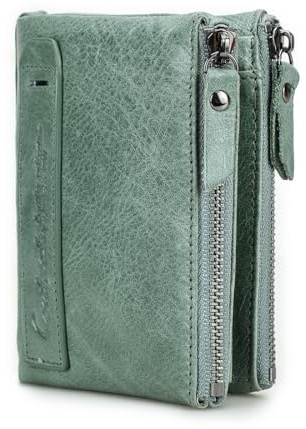 Contacts Portafoglio corto RFID da uomo in vera pelle da donna con porta carte bifold portamonete doppia tasca con cerniera, Grigio e verde, 9 x 12 x 3.5 cm, Classico