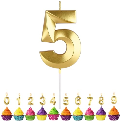 Geburtstagskerzen Zahlen 5, VUCDXOP 5cm Gold Geburtstagskerzen 5, 3D Geburtstagskerzen, Geburtstag Tortendeko, Geburtstag Kuchendeko, Geburtstag Kerzen Kinder für Geburtstag Jahrestag Partys
