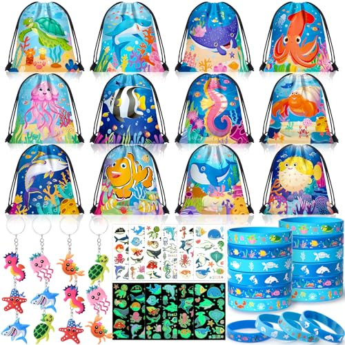 G.C 48 Piezas Suministros para Fiestas Bajo el Mar Bolsas con Cordón Llavero Pulsera de Silicona Tatuajes Luminosos Océano Animales Marinos Favores de Fiesta de Cumpleaños para Niños